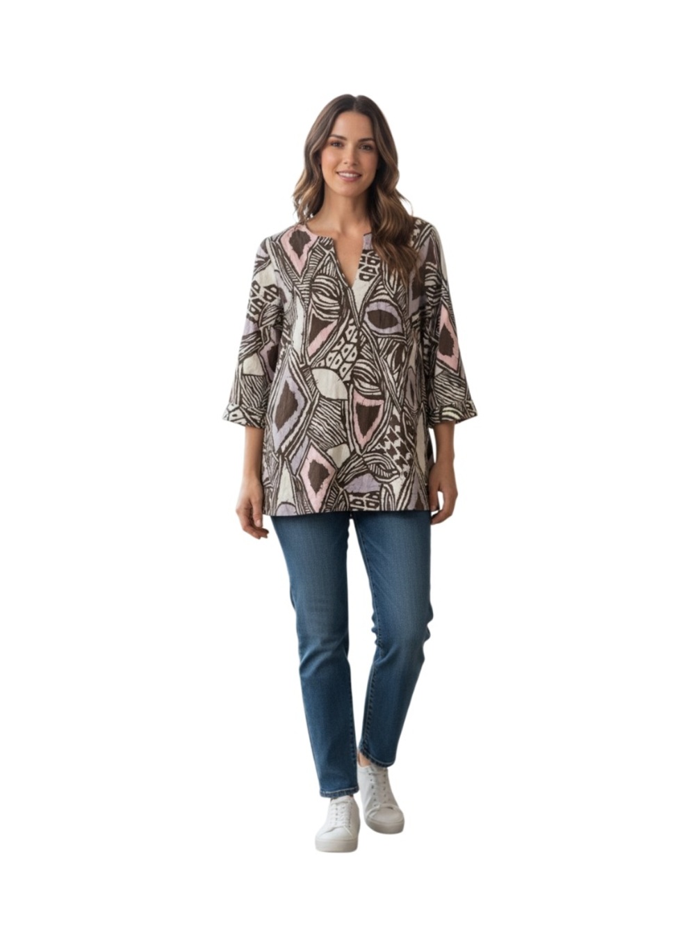 Austin Reed Tunic Top Womens Size 8 Multicolor Geometric 3/4 Sleeve V-Neck
